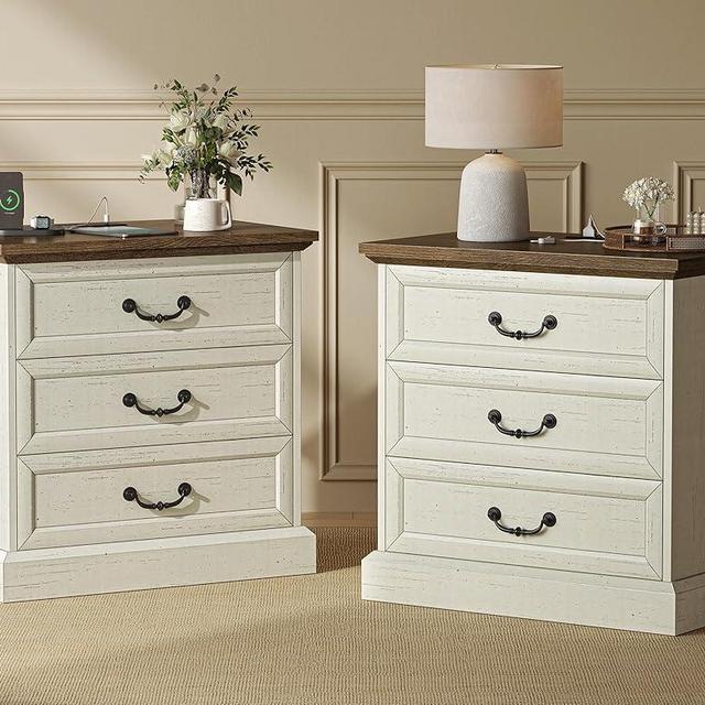 Huuger Nightstand with Charging Station, 3 Drawer Night Stand Set of 2, 22 Inch Wider Side Table with Storage, Farmhouse Nightstand with Vintage Handles, Thicken Base, for Bedroom, Distressed White