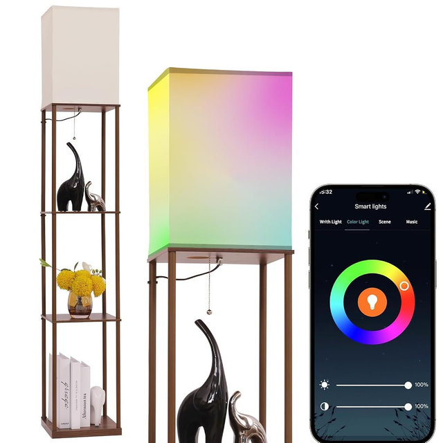 Gupuzm Floor Lamp with Shelves, with Modern Square Standing Lamp with Smart APP Control RGB Bulb, Corner Display Bookshelf Lamp for Living Room, Bedroom and Office(brown-9RGB)