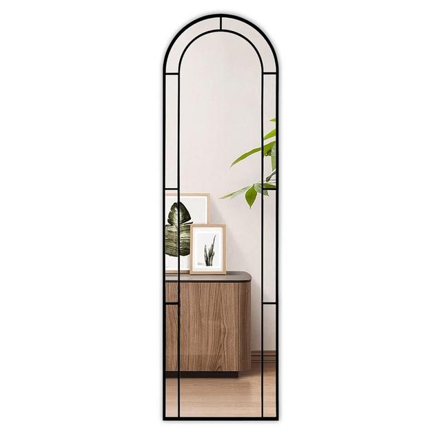 Muzilife 16x56 Window Full Length Mirror, Arched Floor Body Mirror, Windowpane Hanging Door Mirror with Metal Frame, Wall Mounted or Leaning for Bedroom, Living Room, Black