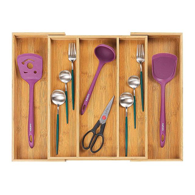 Utoplike Bamboo Expandable Kitchen Drawer Organizer, Adjustable Utensil Holder and Cutlery Tray Organiser, Drawer Divider for Silverware, Flatware, Knives in Kitchen, Bedroom, Living Room