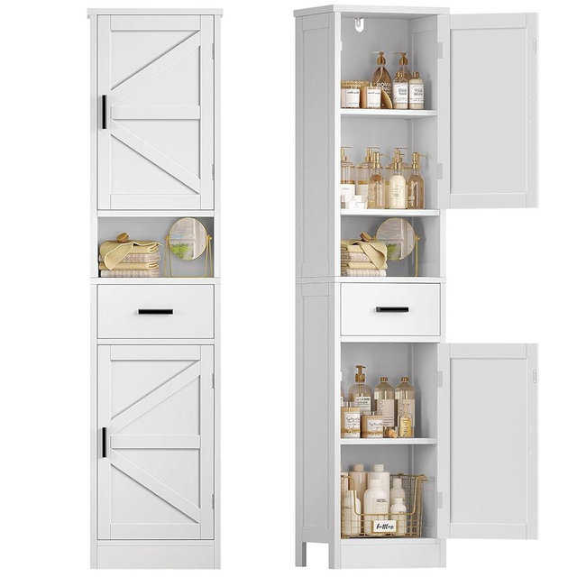 TEENFON 67" H Bathroom Storage Cabinet with Barn Doors & Adjustable Shelves, Bathroom Cabinet with Drawer, Narrow Bathroom Storage Unit, Floor Cabinets for Living Room, Kitchen, White