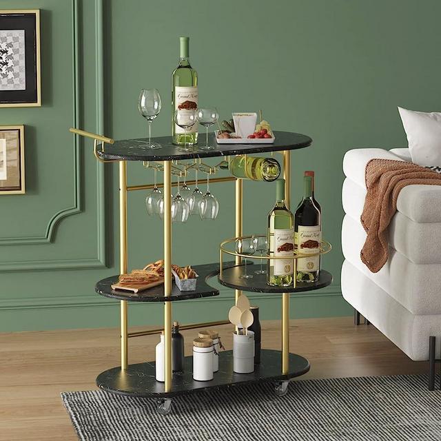 PAUKIN Black Bar Carts with 4-Tier Storage Shelves, Mobile Bar Serving Cart with Wine Rack and Glass Holder, for The Home, Kitchen, Living Room, Dining Room