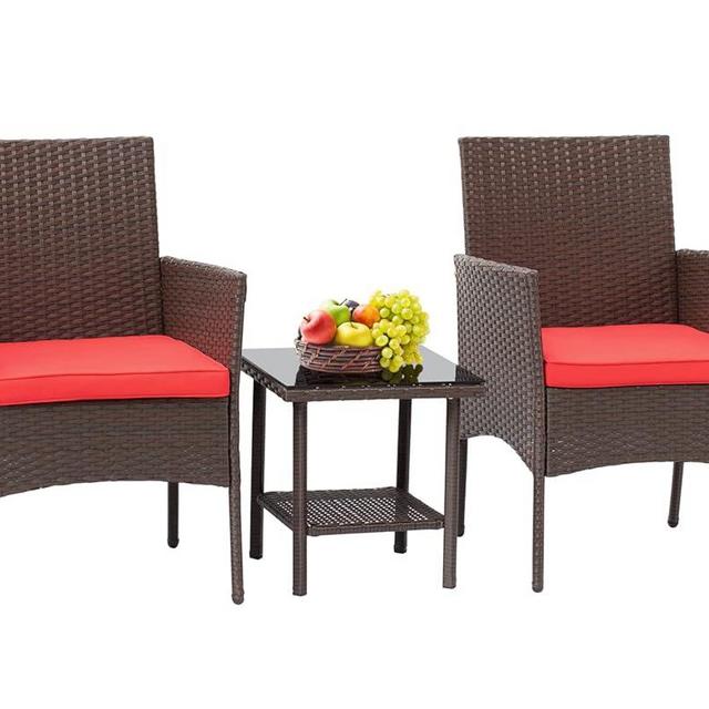 FDW 3 Piece Bistro Conversation Set Patio Brown Wicker Chairs Furniture Outdoor Furniture Set 2 Rattan Chairs with Red Cushions and Glass Coffee Table for Porch Lawn Garden Balcony Backyard