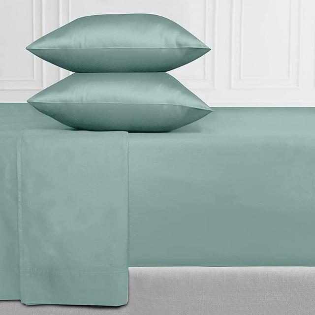 400-Thread-Count 100% Pure Cotton Sheets - 4-Piece Green Sage King Sheet Set Long-Staple Combed Cotton Bed Sheets Breathable Sateen Weave Flat Sheets Fits Mattress 16'' Deep Pocket