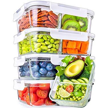 Glass Meal Prep Containers 2 Compartment - Glass Food Storage Containers with Lids - Glass Containers with Lids Glass Storage Containers with Lids Glass Lunch Containers (5 Pack, 29 Ounce)