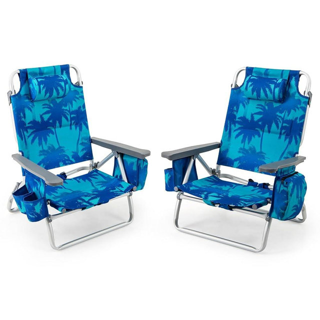 Goplus Beach Chair, Folding Backpack Beach Chairs for Adults with 5 Positions, Head Pillow, Cooler Bag, Towel Bar, Cup Holders, Sunbath Sling Tanning Lounge, Foldable Layout Camping Chairs