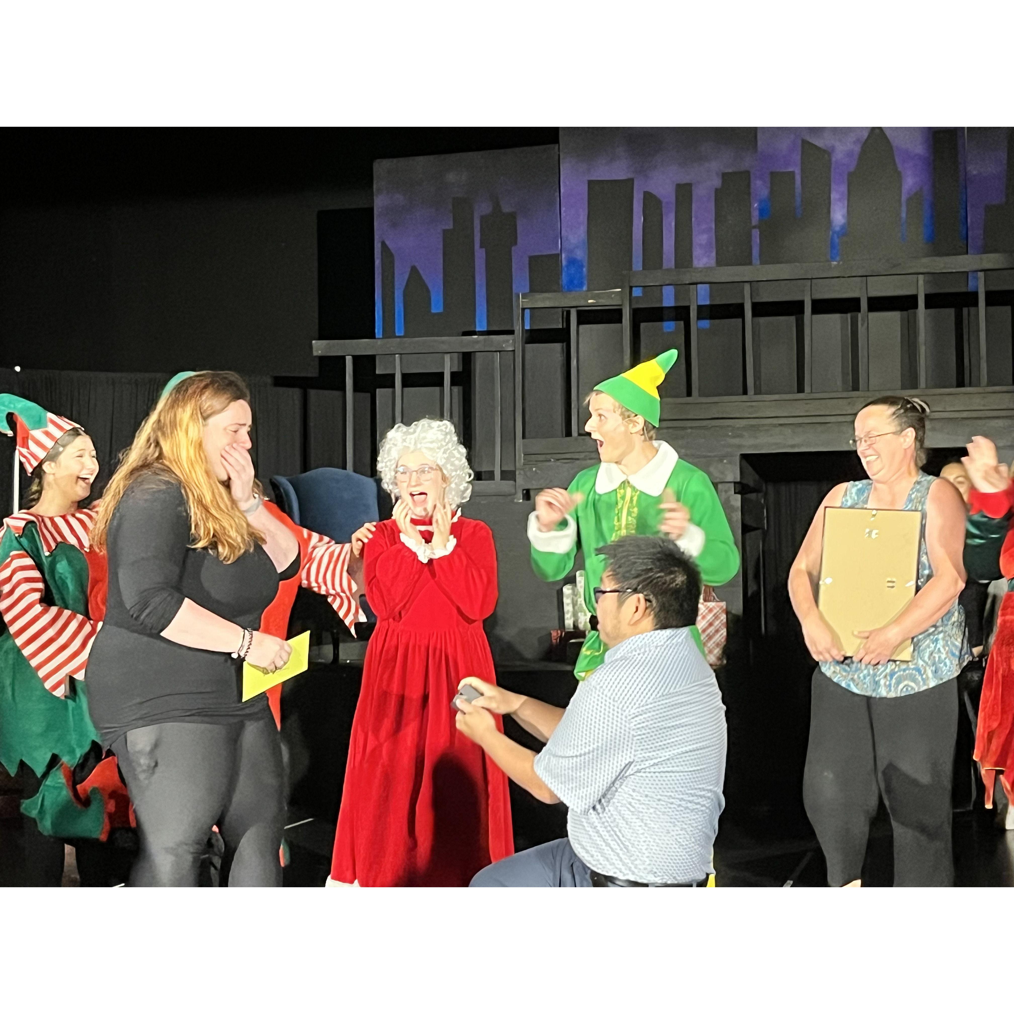 The Proposal happened at the end of Elf the Musical. Victoria was directing and had no idea this would happen.