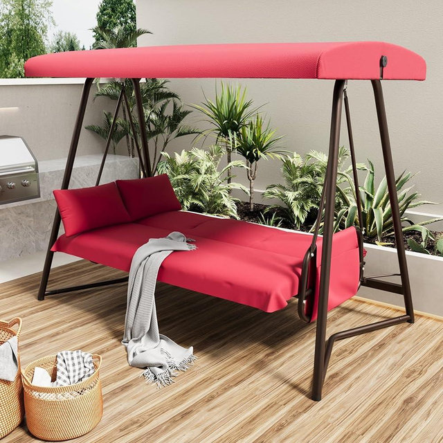 3-4 Seat Outdoor Porch Swing with Adjustable Canopy Patio Swing Bed with Stand Large Swing Glider Bench Chair Outside 770 lbs with Removable Cushions Suitable for Yard Garden Poolside Balcony