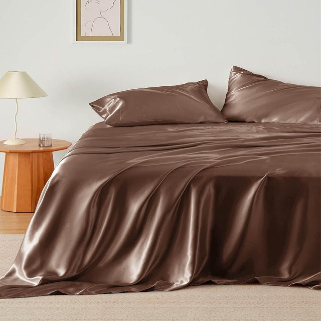 Bedsure Satin Sheets King - Similar to Silk Sheets, Silky Bedsheet, Luxury & Ultra Soft, Non-Fading & Wrinkle Free, Good for Hair & Skin, Gifts for Women, 4 Pieces, Coffee