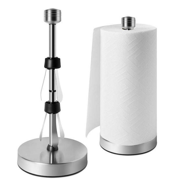 Stainless Steel Paper Towel Holder Designed for Easy One-Handed Operation - This Sturdy Weighted Paper Towel Dispenser Countertop Model Has Suction Cups and Holds All Paper Towel Rolls