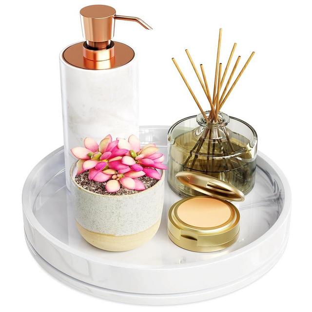 Décor-Mais Resin with Marble Design Bathroom Tray Rotatable - Smooth Rotation Bathroom Vanity Tray with Silicone Base for Skincare, Jewelry & Toiletries - Vanity Trays for Bathroom Counter Lazy Susan