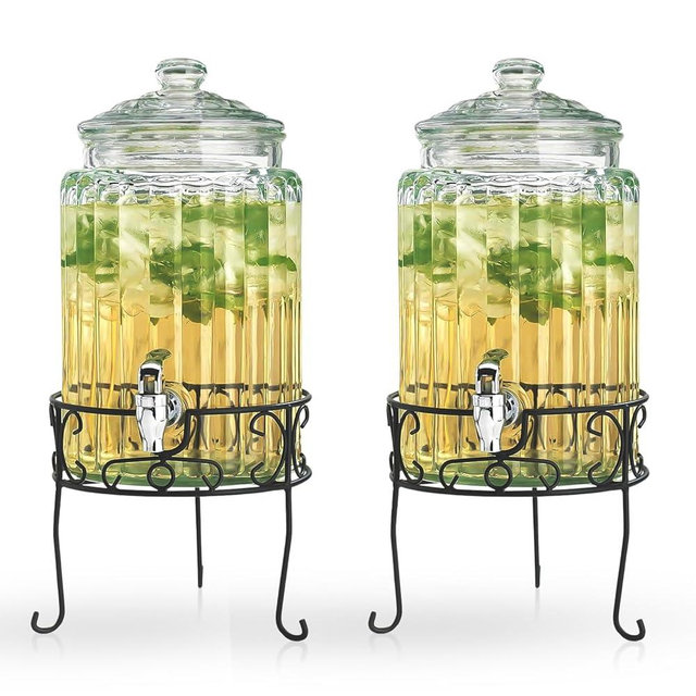 2 PACK 1.5 Gallon Drink dispenser, Glass Beverage Dispenser With Elegant Stand Stand, Drink Dispensers for Parties With Spigot 100% Leakproof. Perfect For Parties And Daily Use