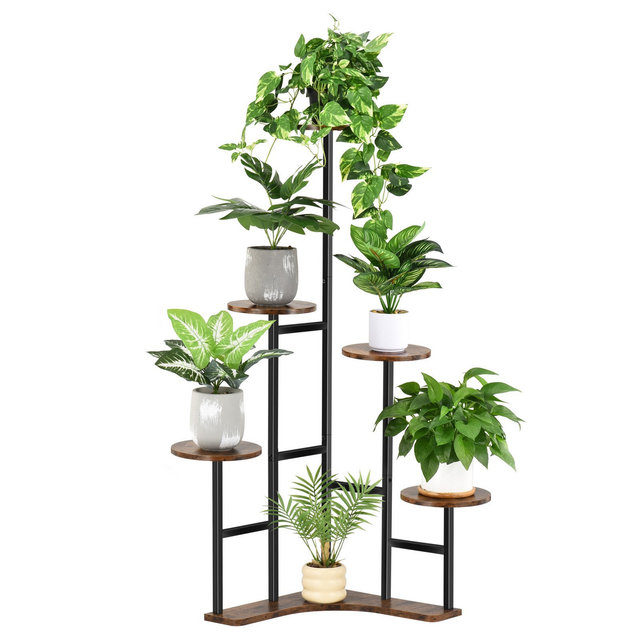 Unique Bargains Living Room Balcony Patio Garden Corner L-shaped Metal Plant Stand 6 Tiers Round Tray