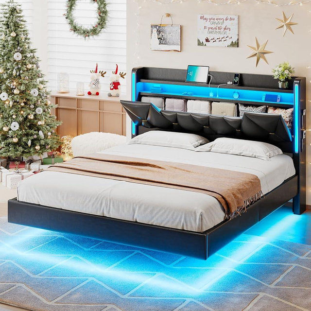 Floating Bed Frame Queen with Storage Headboard, Queen Bed Frame with LED Lights & Charging Station,Floating Bed Including 4 Pockets, No Box Spring Needed, Noise-Free, Easy Assembly, Black PU Leather