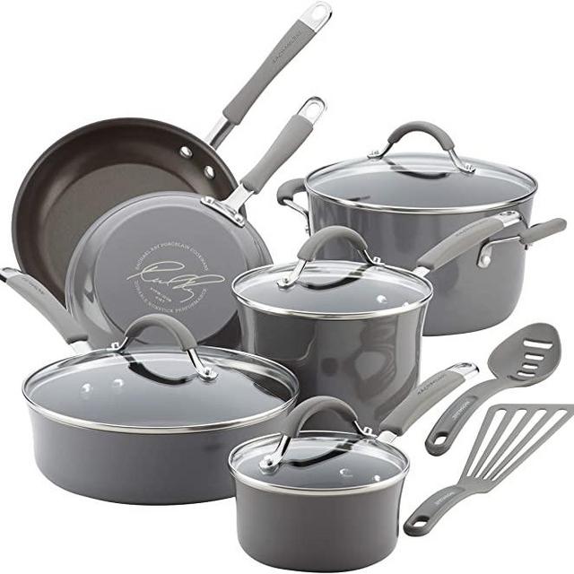 Rachael Ray Cucina Nonstick Cookware Pots and Pans Set, 12 Piece, Sea Salt Gray