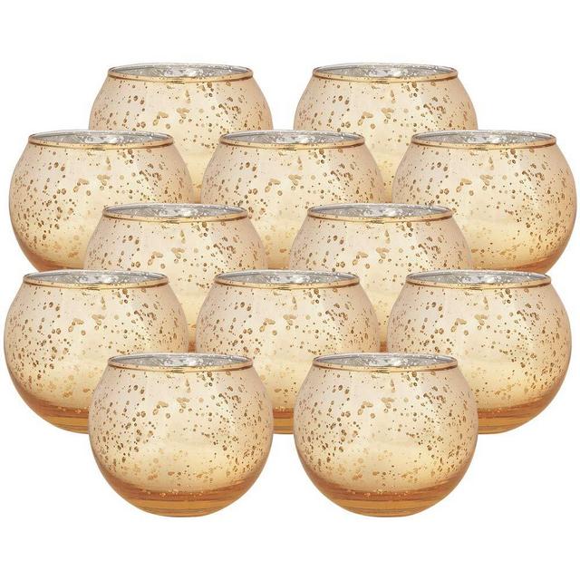 Just Artifacts Round Mercury Glass Votive Candle Holders 2-Inch Speckled Gold (Set of 12) - Mercury Glass Votive Candle Holders for Weddings and Home Décor