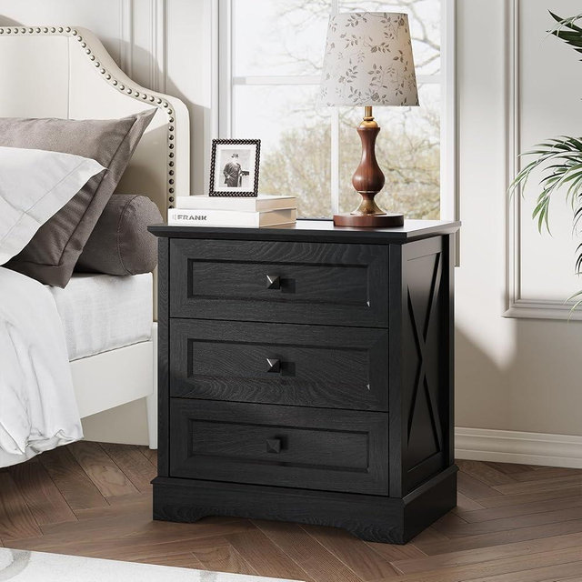FFBCFDK Farmhouse 3 Drawers Dresser for Bedroom, Rustic Small Chest of Drawers with Charging Station, Wood Closet Organizers, Black Modern Tall Nightstand/End Table for Bedroom, Living Room, Entryway