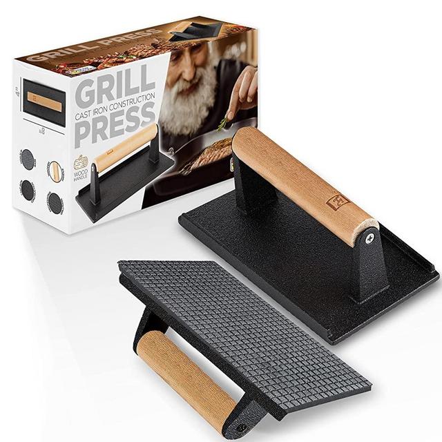 Shop Square 8” Cast Iron Grill Press, Pre-Seasoned Burger Press and Steak Weight with Cool-Touch Comfort-Grip Wood Handle - BBQ Accessories for Griddle, Outdoor Grill, Panini, Tortilla