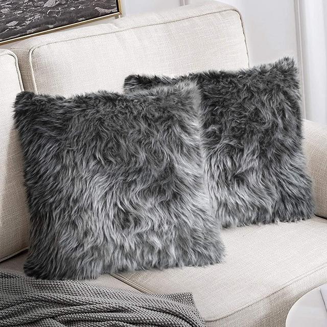 Peshtemania Luxury Style Grey Faux Fur Throw Pillow Case (2packs 18"x18") Decorative Cushion Cover for Sofa Couch Bedroom Living Room and Car Best for Modern, Marble and Glam Decor