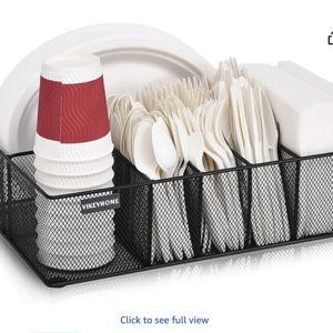 VIKEYHOME Paper Plate Organizer for Countertop, Metal Silverware Caddy with 6 Compartments for Cup, Napkin, Utensil Holder Caddy for Party, Camping, Picnic