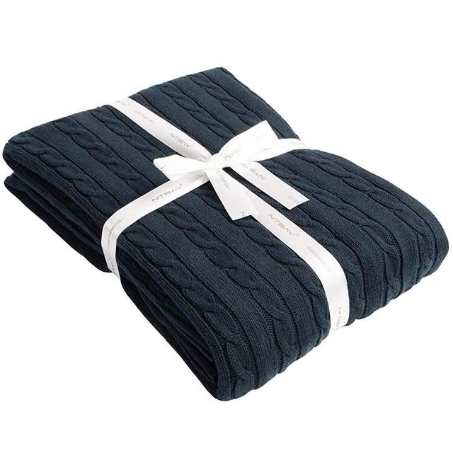 NTBAY 100% Cotton Cable Knit Throw Blanket Super Soft Warm Multi Color(51"x 67", Navy)