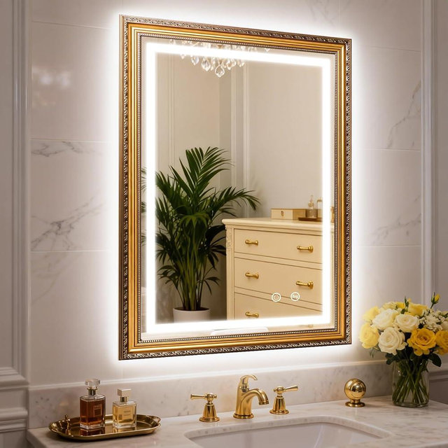 ROLOVE 23x35 Inch Gold Vintage Mirror for Wall Decor, Ornate Baroque Waterproof Frame, Antique Wall Mirror with Lights, Anti-Fog, Plug-in/Hardwired, Rectangle LED Mirror for Bathroom Vanity, Entryway