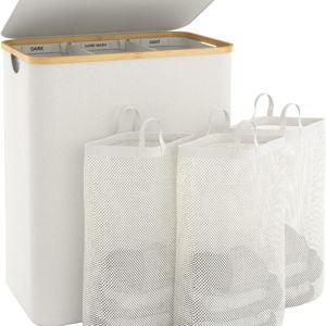Extra Large 3 Section Dirty Clothes Laundry Basket with Lid, Dirty Clothes Hampers with Removable Bags for Bedroom and Laundry Room, Beige