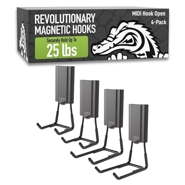 GATOR MAGNETICS MIDI 2.5 & 4" Open Hooks, 25 lb Heavy Duty Magnetic Hooks for Steel Surfaces, Patented Easy-Release, Non-Slip Grip – Storage & Organization, Garage, Shed, Home, Cleaning Tools -4 Pack