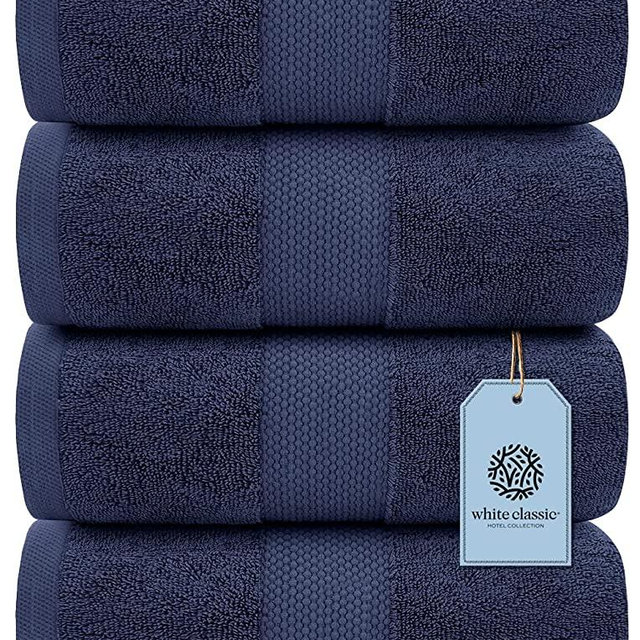 White Classic Luxury Bath Towels Large - Cotton Hotel spa Bathroom Towel |30x56 | 4 Pack | Navy Blue