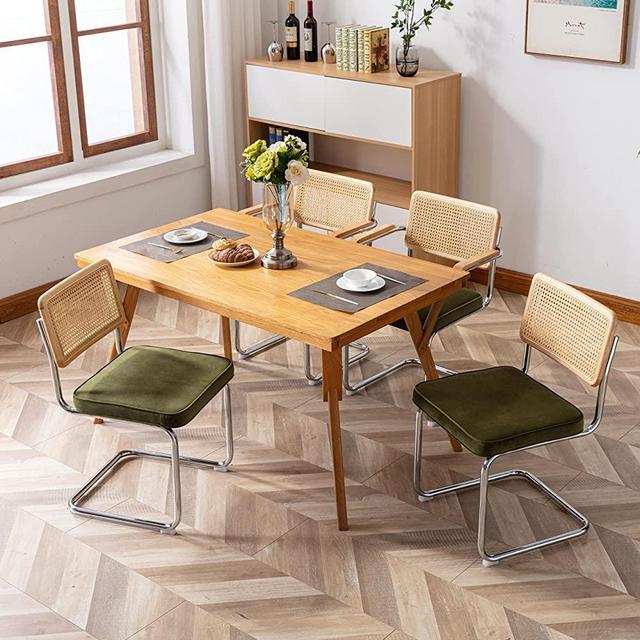 Zesthouse Dining Chairs 4pcs, Velvet Side Chairs Rattan Chairs with Cane Back & Stainless Chrome Base, Modern Mid Century Breuer Designed Chairs, Upholstered Dining Living Room Kitchen Chairs, Green