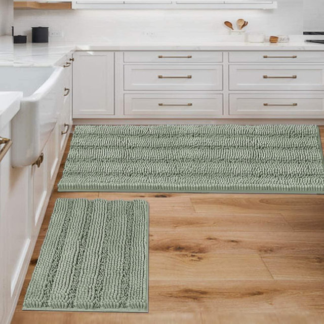 Bathroom Rugs Bath Mats Sets Super Absorbent Chenille Striped Bath Mats Non Skid Machine Wash Dry Rugs for Bathroom Floor Set of 2(Sage, 47 x 17 Plus 17 x 24 - Inches)