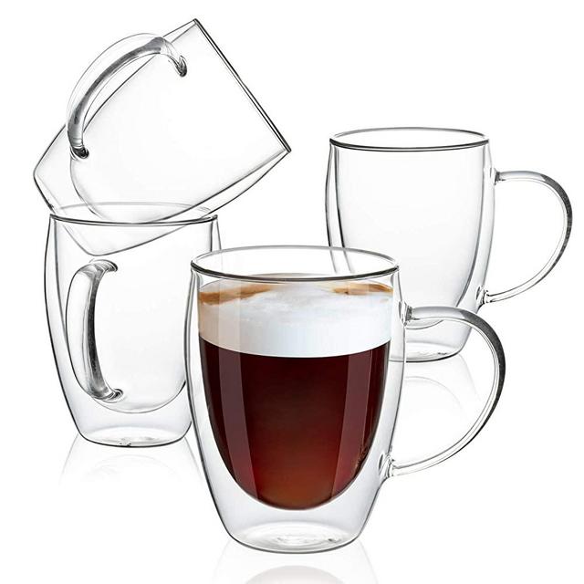 MEWAY 12oz/2 PACK Coffee Mugs,Clear Glass Double Wall Cup with handle for  Coffee, Tea, Latte, Cappuccino (12 oz，2)