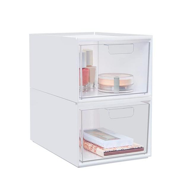 STORi Audrey Stackable Plastic White Organizer with Clear Drawer | 2 Piece Set | 4.5-Inches Tall | Organize Cosmetics and Beauty Supplies on a Vanity | Made in USA