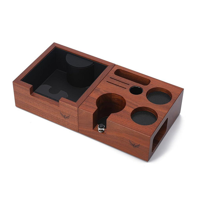 KNODOS 58mm Espresso Knock Box Set – Rosewood Tamping Station Organizer & Coffee Grounds Bin | Professional Espresso Accessories for 58mm Portafilter Machines