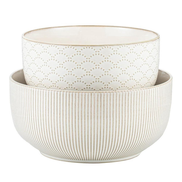 Mikiegy Ceramic Mixing Bowls Set of 2, Nesting Ceramic Embossment Stoneware Mixing Bowls for Cooking, Serving, Popcorn, Salad etc, Microwave & Dishwasher Safe, 98/145 oz, Off-White