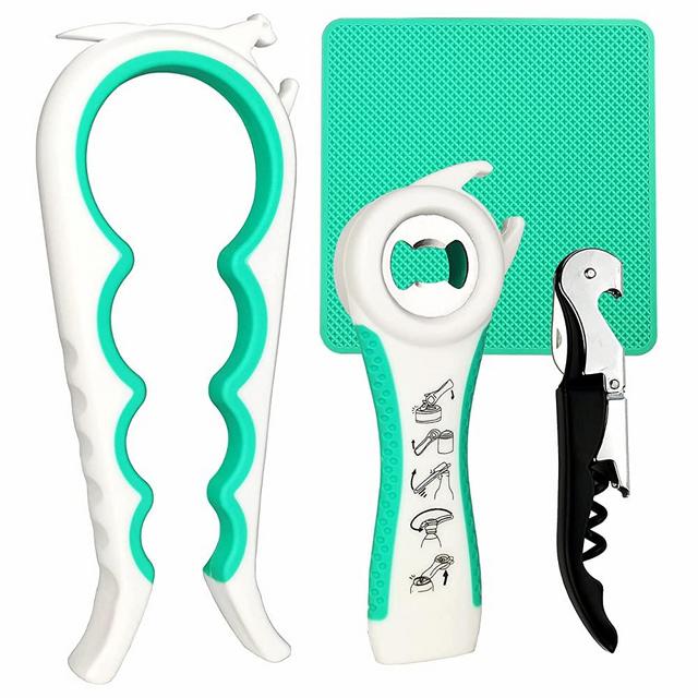 Jar Opener for Weak Hands,Seniors with Arthritis, Multi Bottle Opener Set with Rubber Jar Gripper Pad and Corkscrew Wine Opener