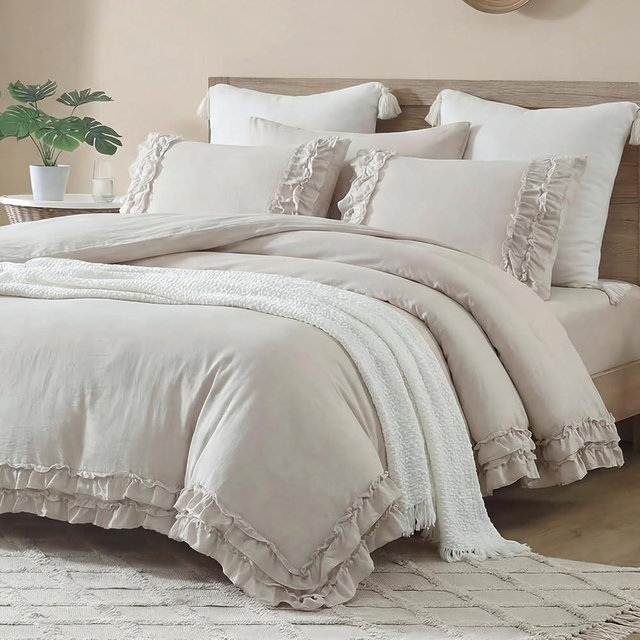 Bedorm Beige Queen Comforter Set Ruffled Bedding Comforter Shabby Chic Ruffle Fringe Coquette Bedding Boho Farmhouse Quilt Bedding Set for All Season