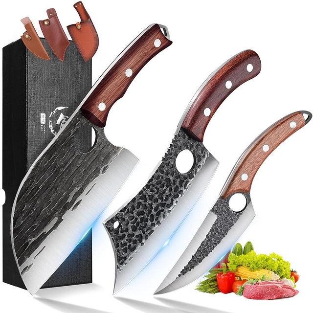 ROCOCO 3PCS Butcher Cleaver Knife Set for Meat Cutting Serbian Chef Knife Viking Cleaver Boning Knife with Sheaths for Kitchen Outdoor BBQ Camping Birthday Christmas Gift Idea Men