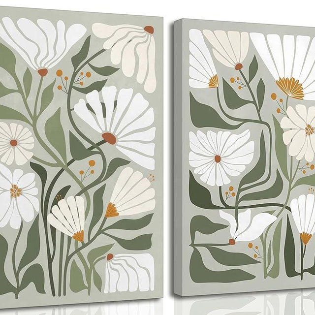 2 Pcs Boho Wildflowers Canvas Wall Art Green Bohemia Abstract Floral Botanical Painting Picture Wall Decor Poster Print Artwork for Living Room Bedroom Bathroom Home Decoration