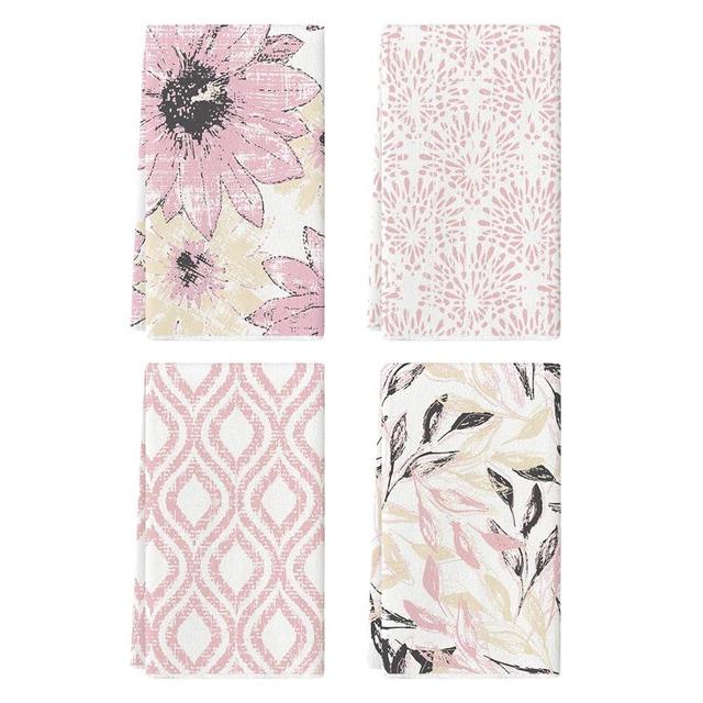 Artoid Mode Pink Floral Leaves Boho Kitchen Towels Dish Towels, 18x26 Inch Seasonal Decoration Hand Towels Set of 4
