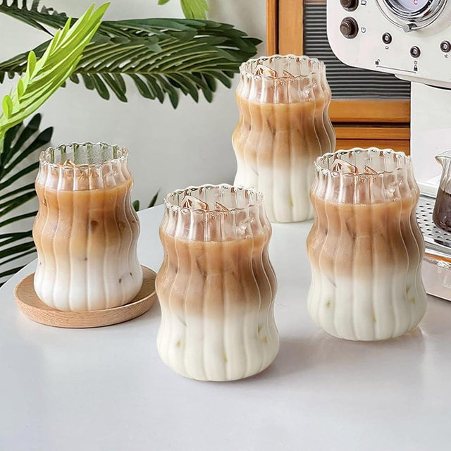 MALOKI Ribbed Drinking Glasses Vintage Ribbed Glassware 18 Oz Reusable Iced Coffee Cup Aesthetic Glass Coffee Cups Cute Wavy Glass Cups Ripple Glass Cup Smoothie Cup Coffee Bar Accessories