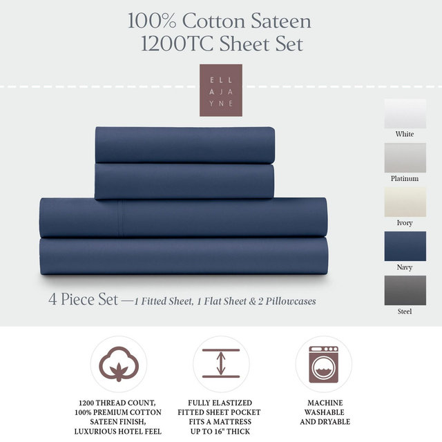 Ella Jayne 1200 Thread Count 100% Cotton Sateen Deep Pocket 4-piece Sheet Set - Queen, Blue, 4 pc