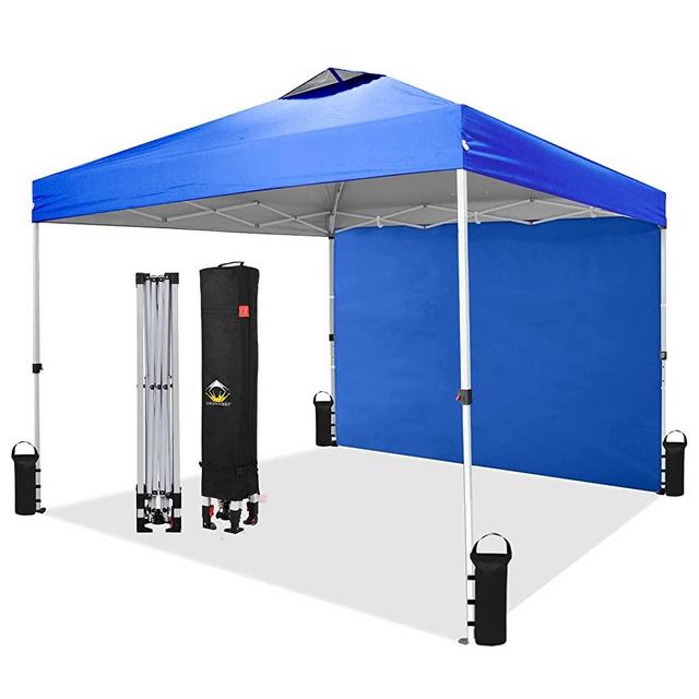 CROWN SHADES 10x10 Pop up Canopy Instant Commercial Canopy with 1 Removable Sidewall,4 Ropes & 8 Stakes & 4 Weight Bags,STO'N and Go Bag, Blue