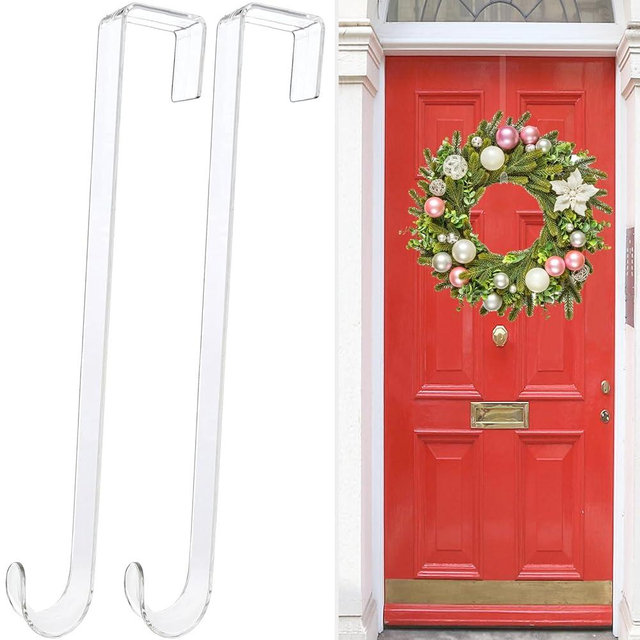 Clear Wreath Hanger Hooks, 15 in, 2 Pack Non Scratch Over The Door Hooks, Fall Halloween Christmas Decorations Indoor Outdoor, Welcome Sign for Front Door Decor