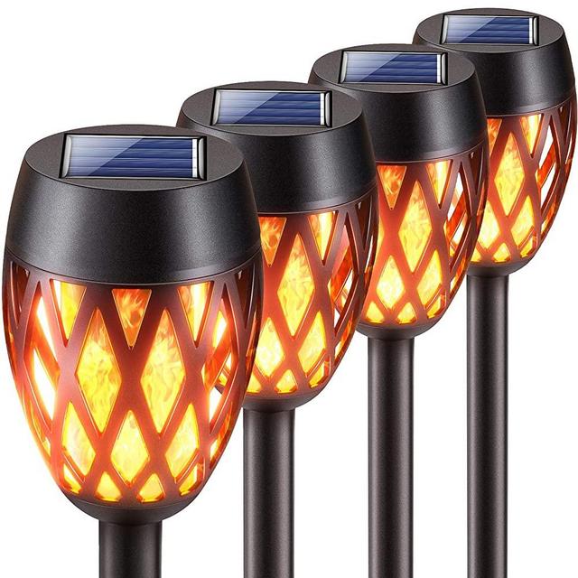 KOOPER Solar Lights Outdoor Decorative, 4 Pack Solar Torch Light with Flickering Flame, Waterproof Landscape Tiki Torches Decoration for Yard, Patio, Garden