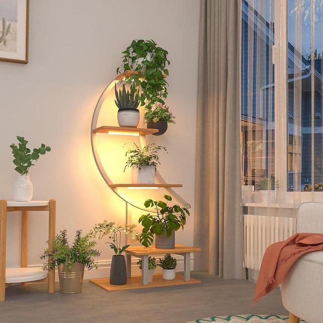Indoor Plant Stand with Grow Lights, Tall Corner Shelf for Multiple Plants, 47" Metal Rack with Hanging Hook for Living Room, Balcony, Patio