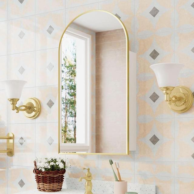 Arched Medicine Cabinet with Mirror,Brushed Gold Medicine Cabinet for Bathroom,Metal Edge Mirror Cabinet with Storage,Large Medicine Cabinet, Mirror Cabinet Wall Mounted Only ,Yellow Gold,20x36 Inch