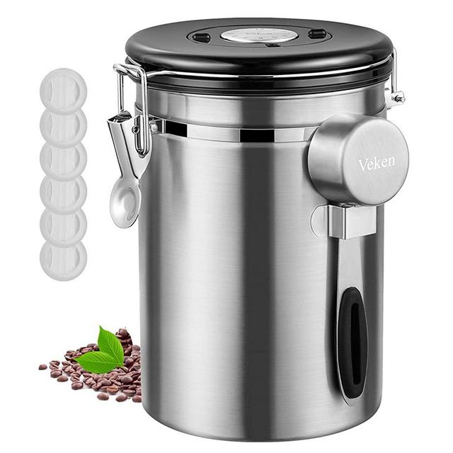 1pc 22oz Coffee Canister, Coffee Bean Storage Airtight Containers,  Stainless Steel Kitchen Food Storage Container with Date Tracker and Scoop,  for Ground coffee, Beans, Tea, Sugar, Flour, Cereal