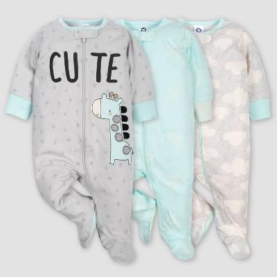 Newborn - Gerber Baby 3pk Giraffe Sleep N' Play Pajamas - Turquoise/Gray