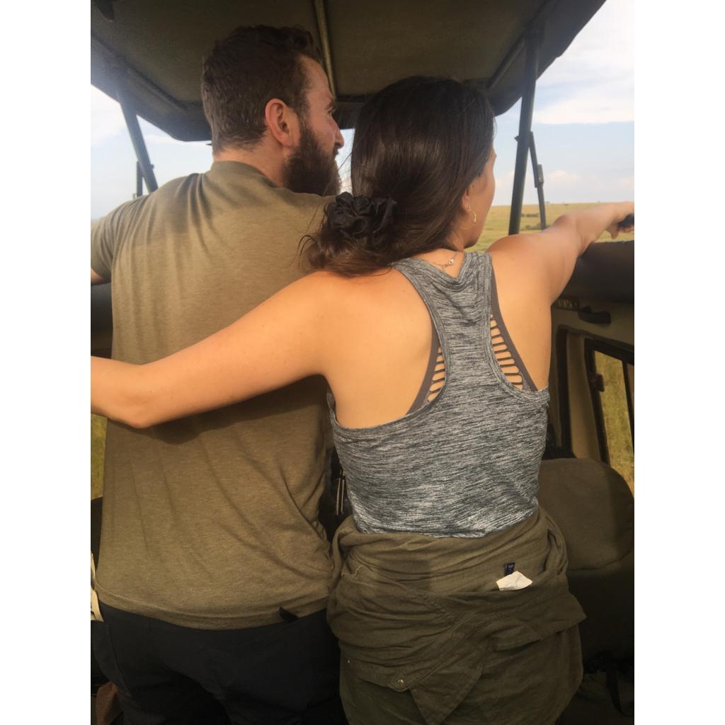 On Safari in the Masai Maara in Kenya. Are we ever happier than when we are trying to spot wildlife together?